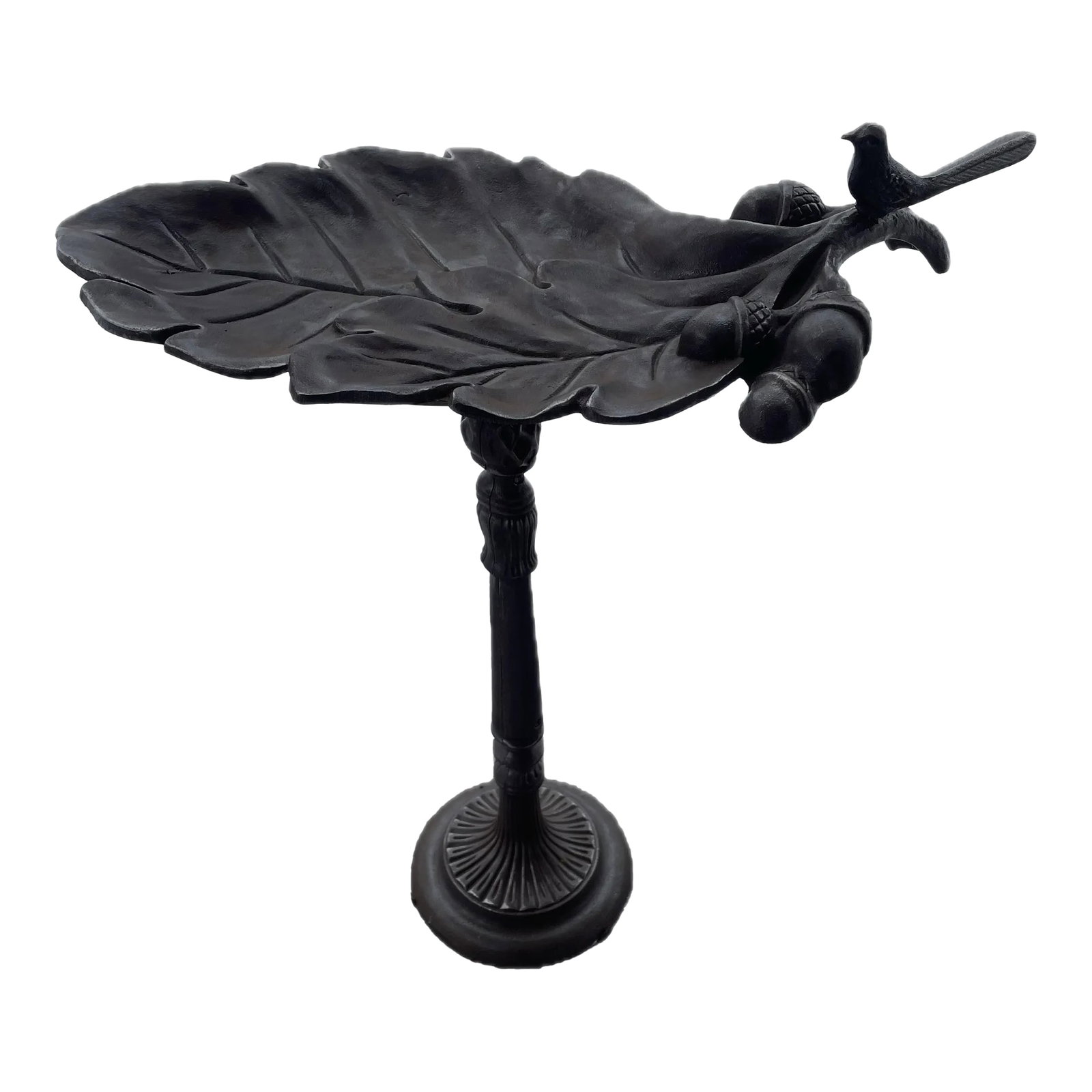 Cast Iron Birdbath: Beautiful Vintage Style Wrought Iron Birdbath Width 19" Tip of leaf to tip of stem Depth 10 1/4" Leaf depth Height 23 1/2 " Floor to top of bird Round base 7 1/4" Diameter $375 Item #1388 No known