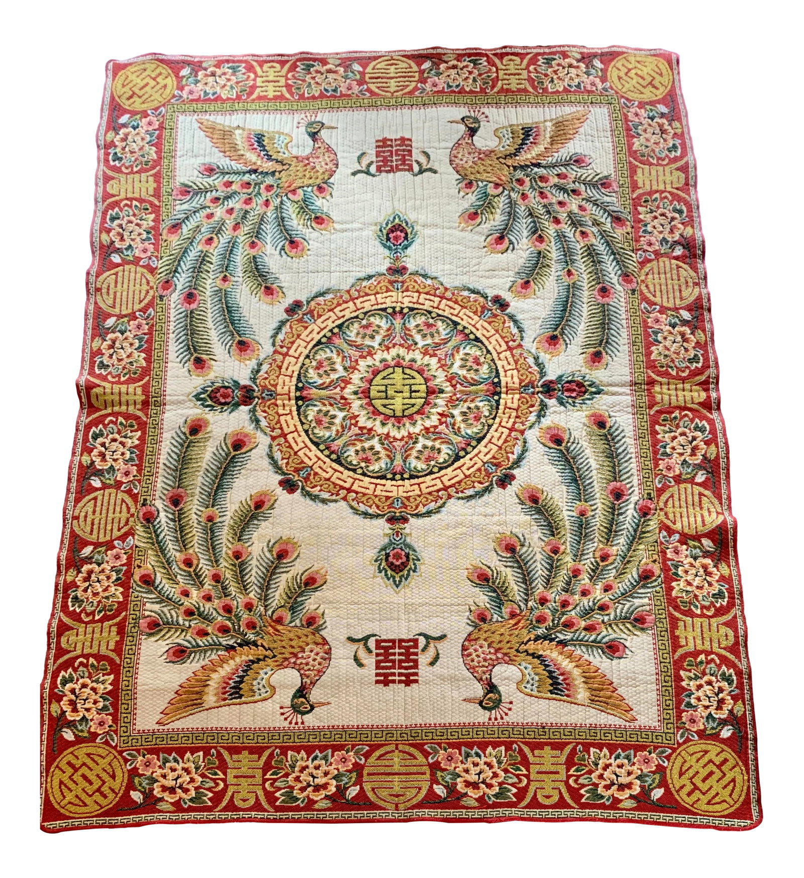 Mid 20th Century Asian Embroidered Rug/Wall Hanging 6x8.5: Stunning vibrant colored vintage Asian embroidered rug, wall hanging, or bed cover. Condition: Alterations: Original Condition Unaltered Imperfections: Some Imperfections Condition Notes: Great vintag