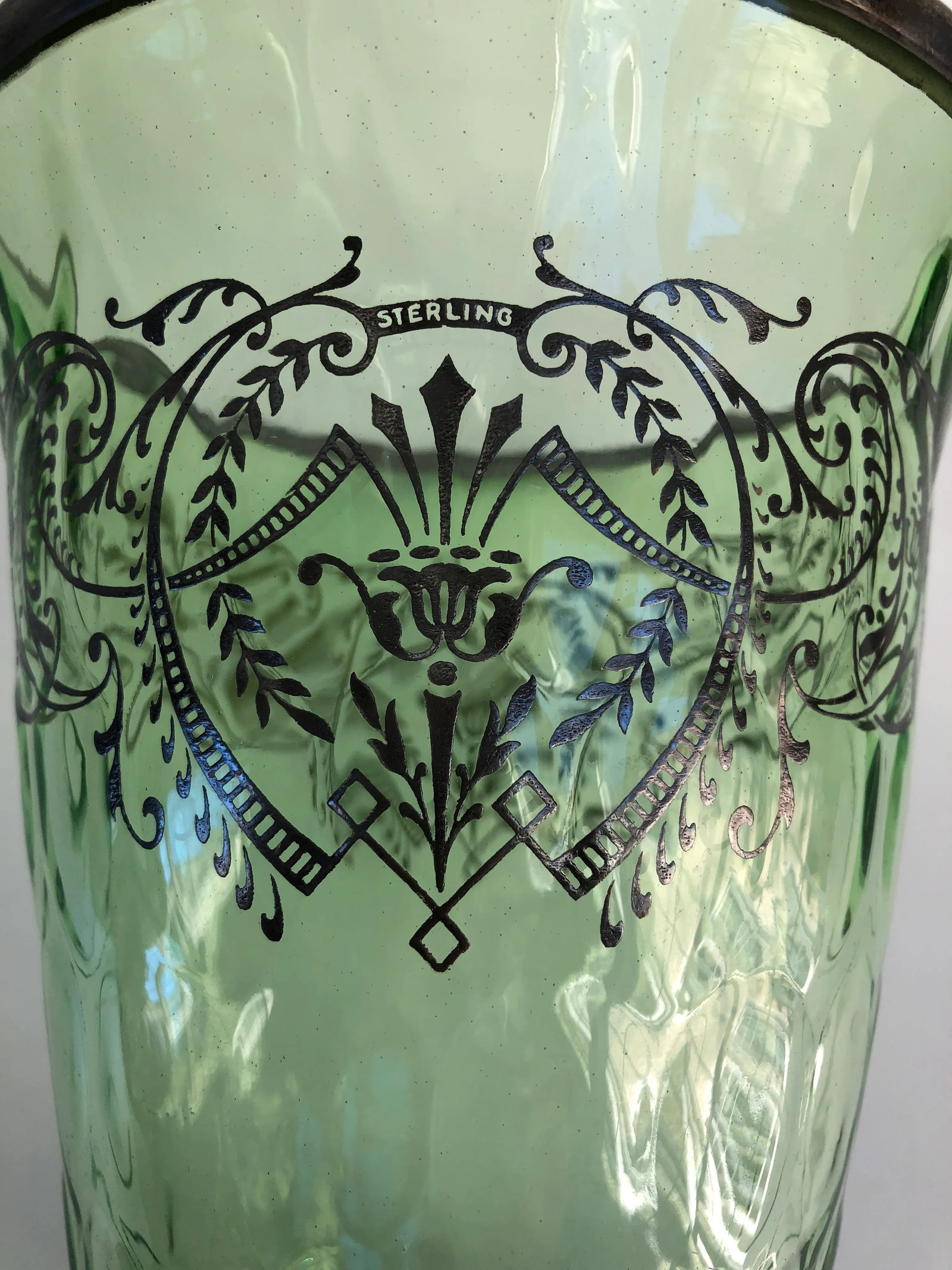 1930s Art Deco Boho Chic Sterling Silver Overlay Mint Green Optic Glass Vase - 10