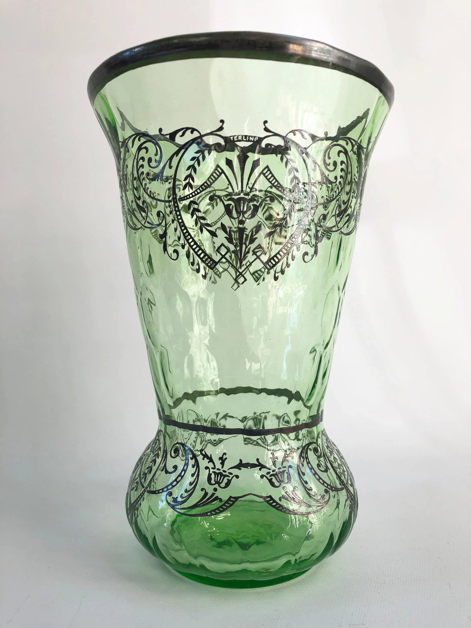 1930s Art Deco Boho Chic Sterling Silver Overlay Mint Green Optic Glass Vase - 12