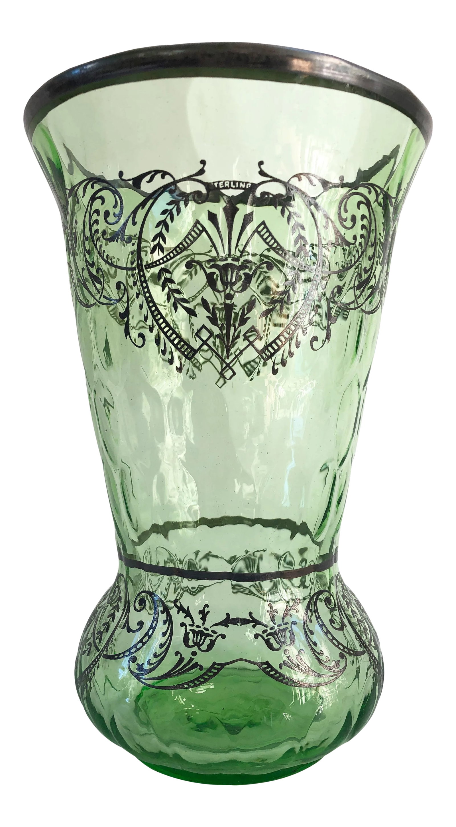 1930s Art Deco Boho Chic Sterling Silver Overlay Mint Green Optic Glass Vase: A gorgeous 1930s Art Deco mint green hand-blown optic glass vase with sterling silver overlay and rimmed in sterling. In excellent condition. Item location. MBEV10 Condition: Alterations: Original