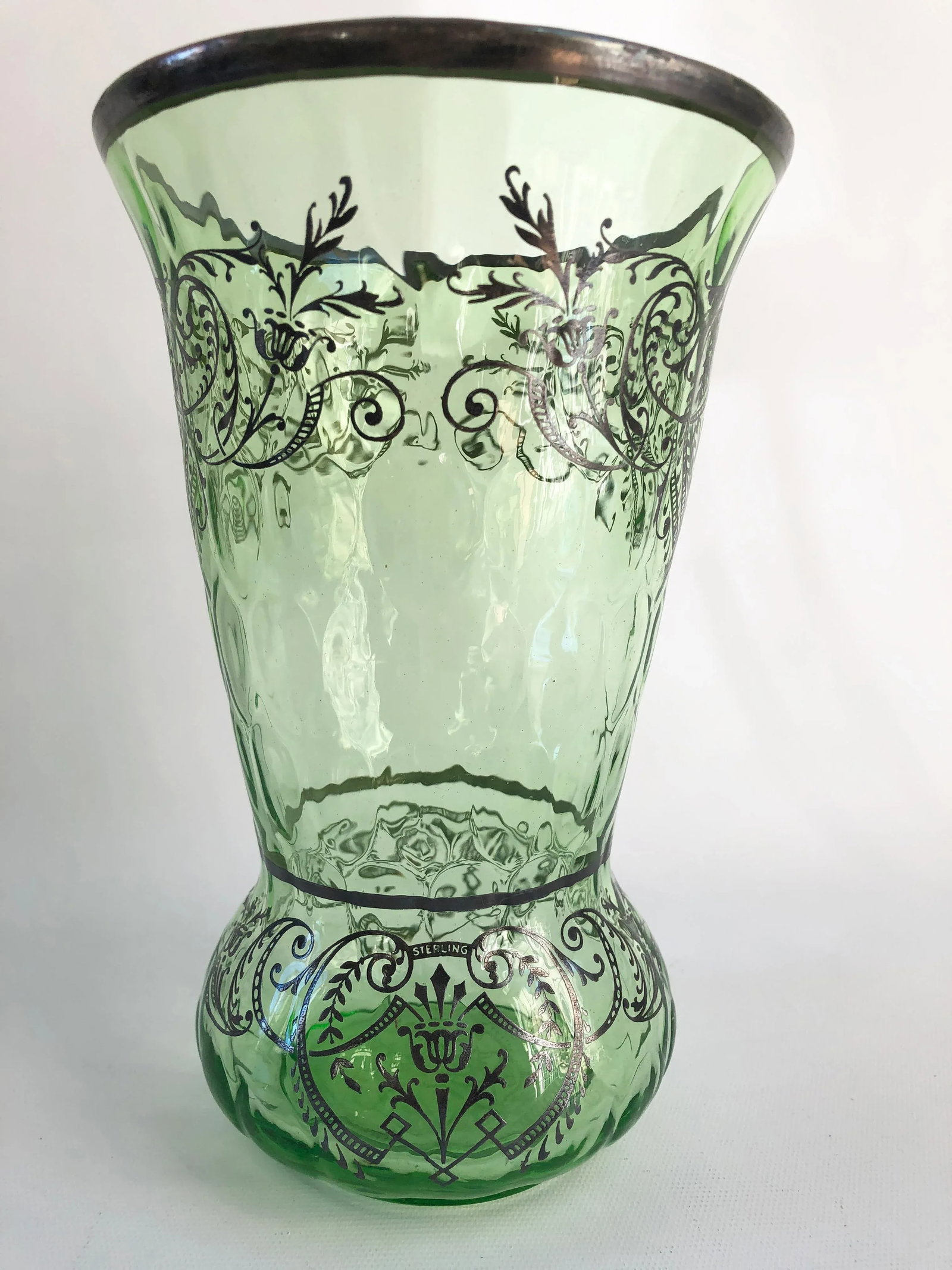 1930s Art Deco Boho Chic Sterling Silver Overlay Mint Green Optic Glass Vase - 2