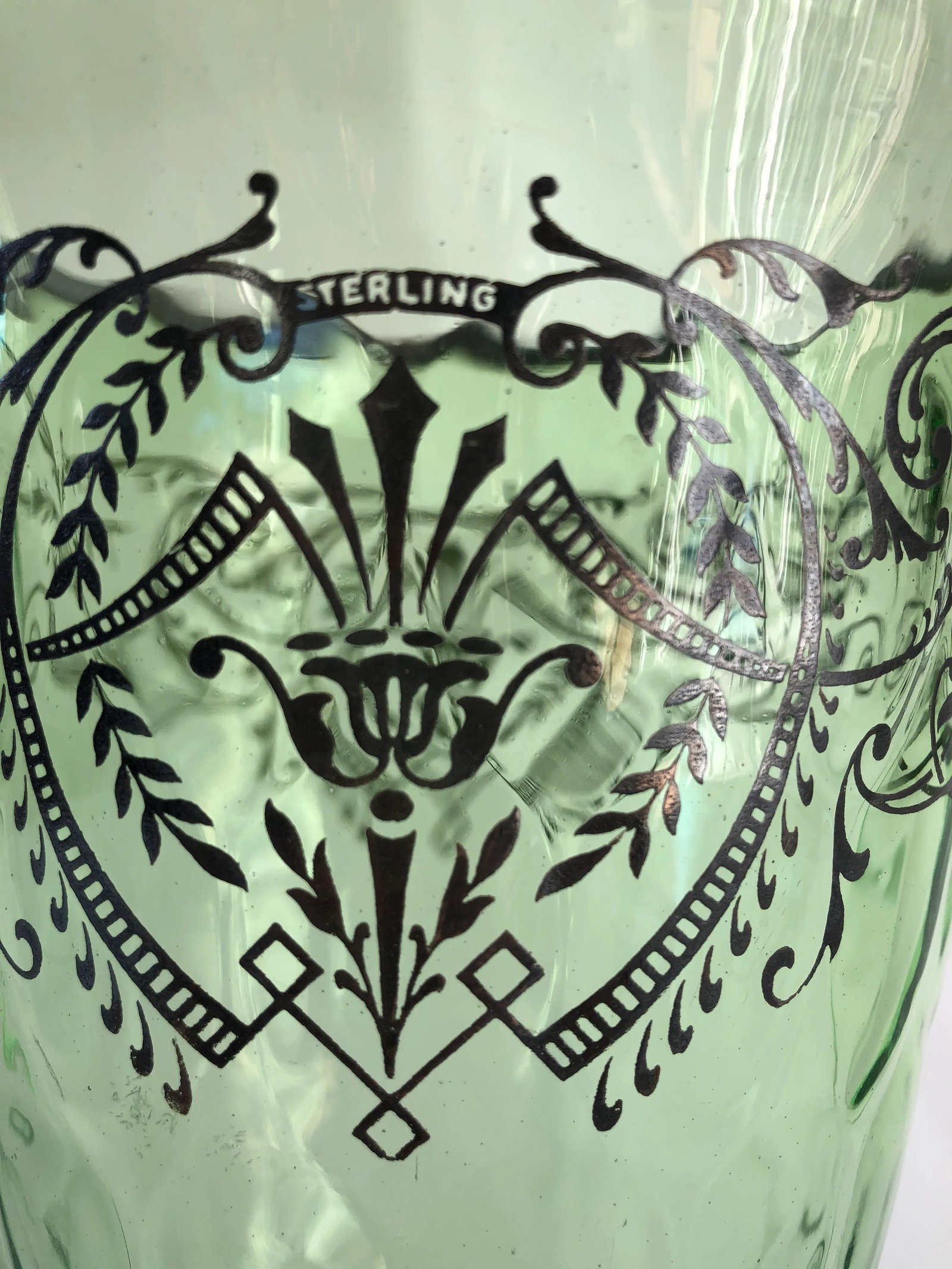 1930s Art Deco Boho Chic Sterling Silver Overlay Mint Green Optic Glass Vase - 3