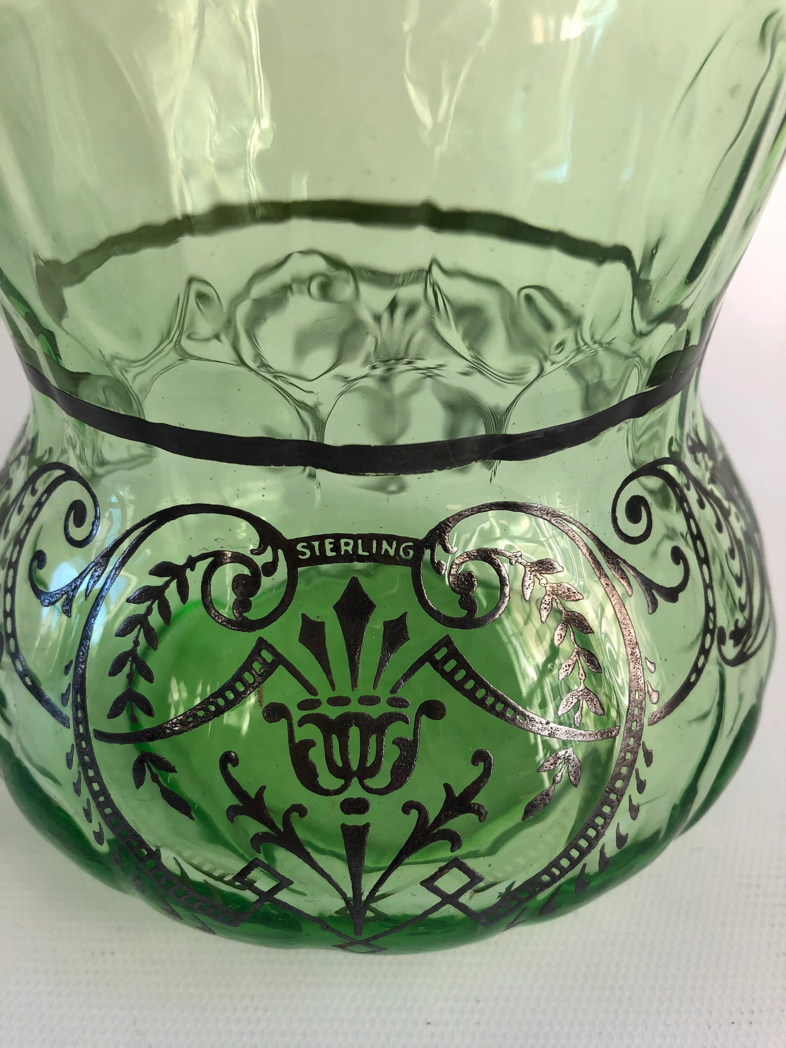 1930s Art Deco Boho Chic Sterling Silver Overlay Mint Green Optic Glass Vase - 4