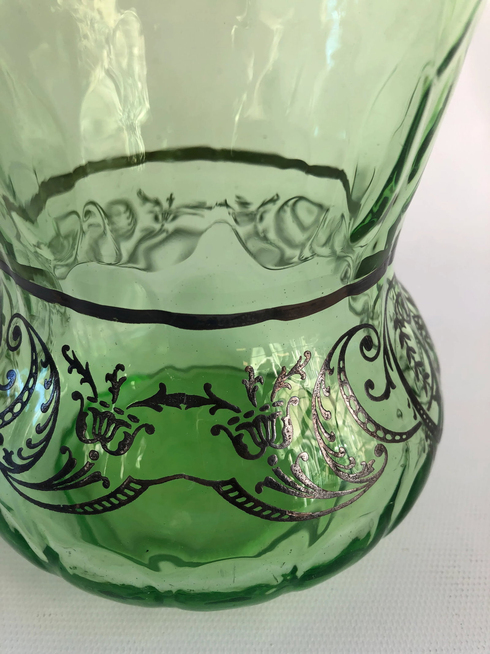 1930s Art Deco Boho Chic Sterling Silver Overlay Mint Green Optic Glass Vase - 5