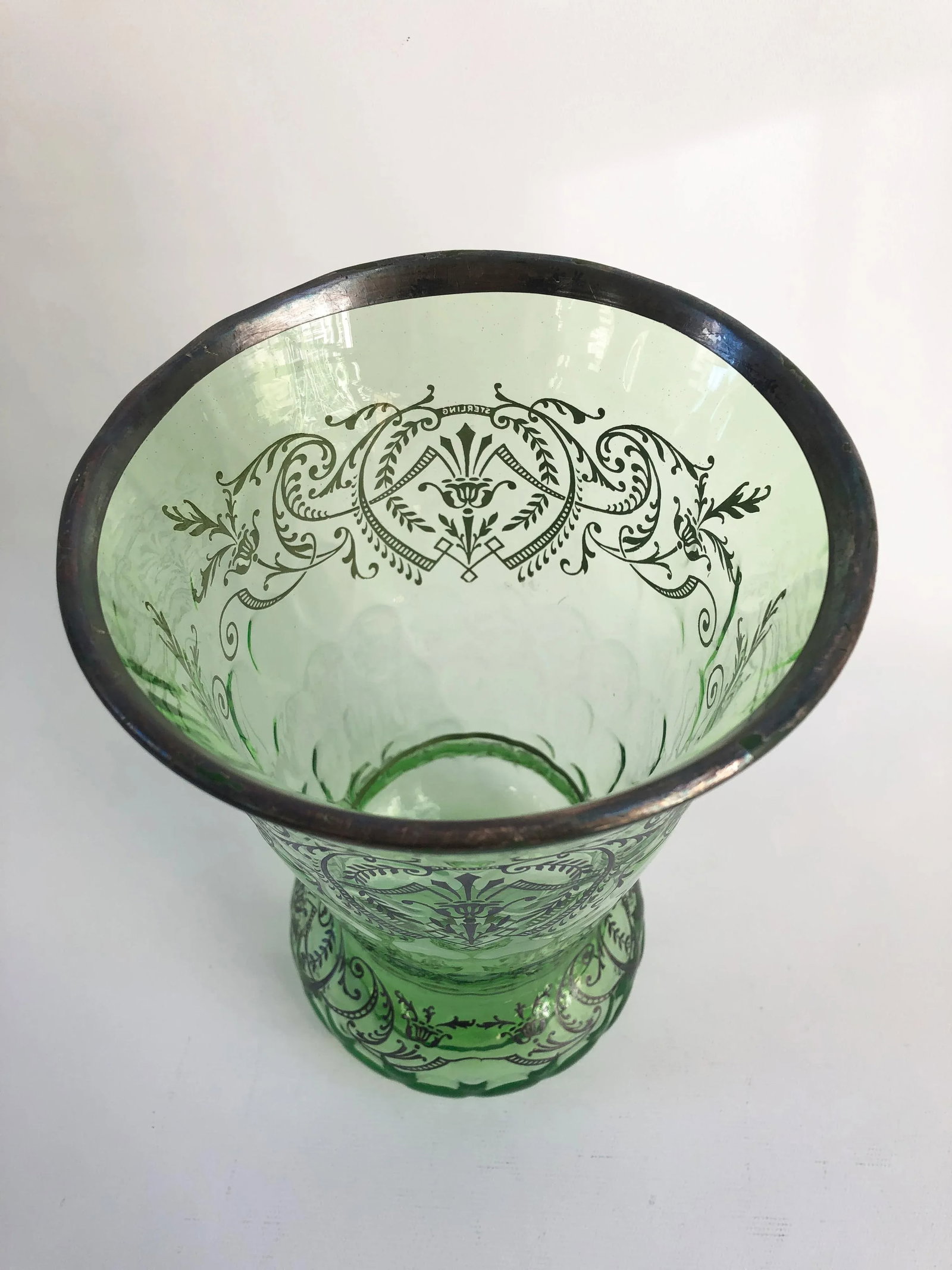 1930s Art Deco Boho Chic Sterling Silver Overlay Mint Green Optic Glass Vase - 7