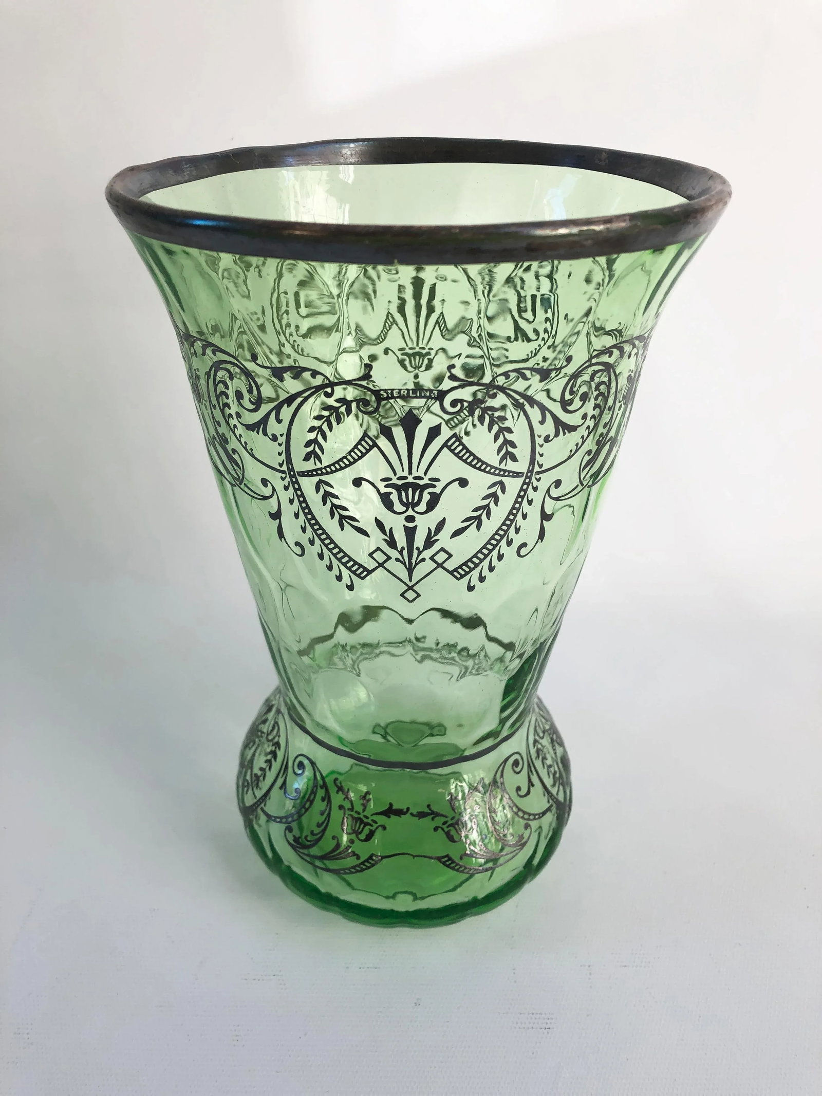 1930s Art Deco Boho Chic Sterling Silver Overlay Mint Green Optic Glass Vase - 9