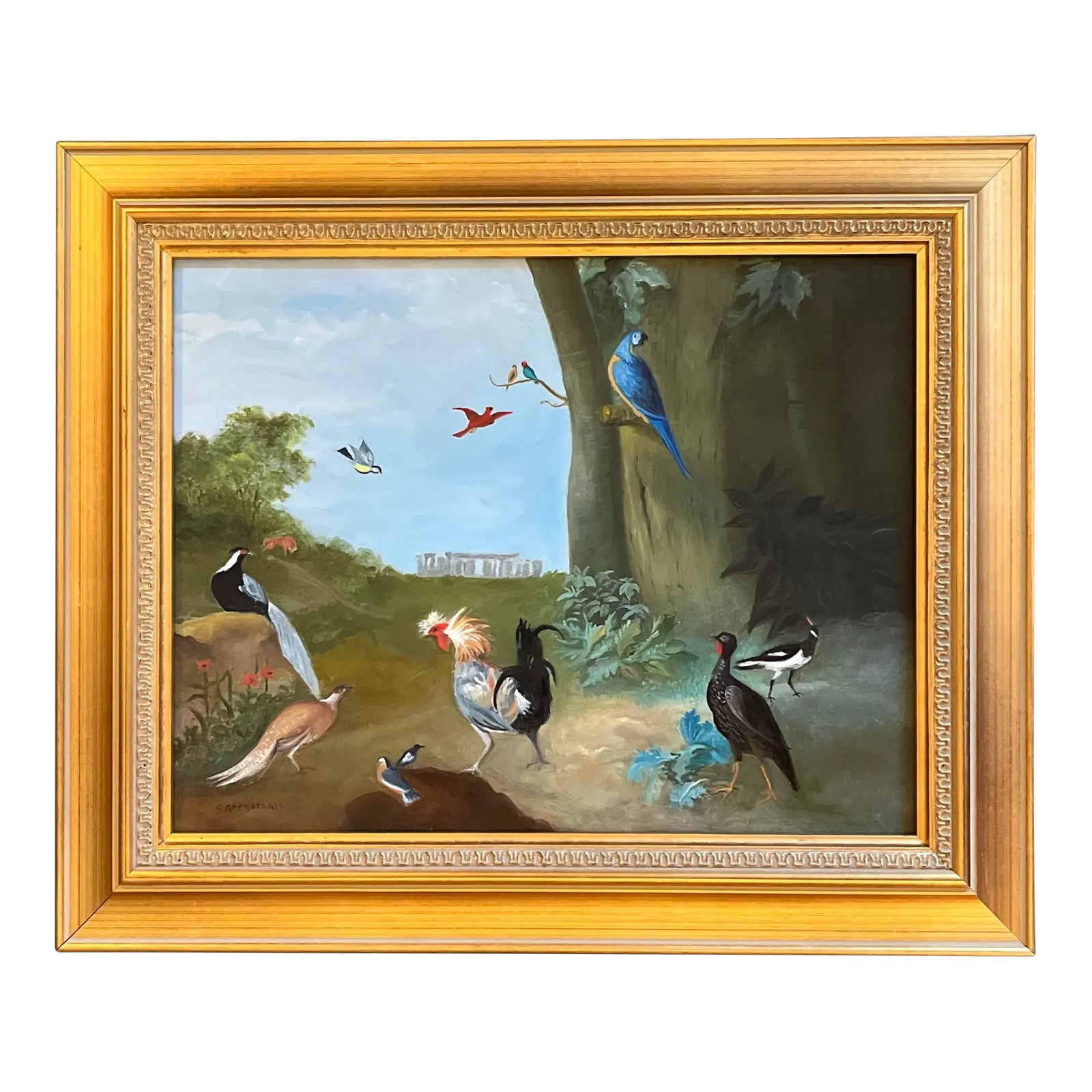 Oil Painting of Exotic Birds and Fowl by Satori Gregorakis: Oil painting on hardboard of exotic birds and fowl with Stonehenge in the distance, trees and foliage in the foreground by Satori Gregorakis. Signed in the lower left corner. Framed. Satori