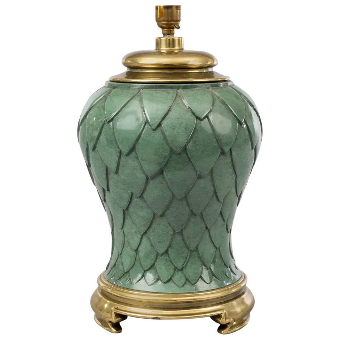 French Green Enamel and Brass Lamp: French vintage green enameled lamp in a overall leaf pattern with a brass lid and mounted on a brass base. Is not electrified. Condition: Alterations: Unknown Imperfections: Some Imperfections Conditi