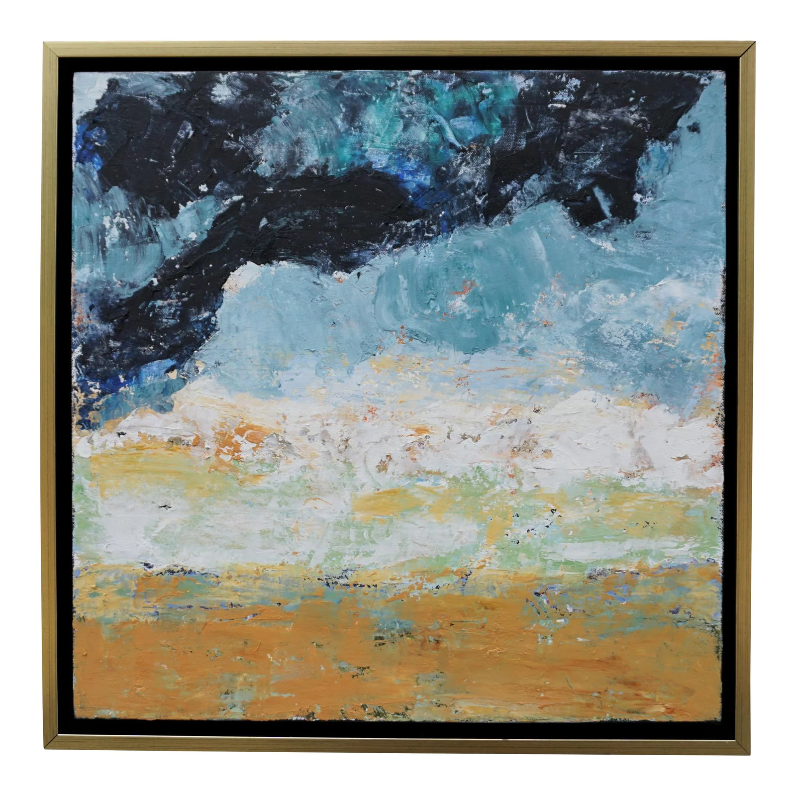"Sun Splash" Oil and Cold Wax Abstract Painting by Laurie MacMillan, Framed: Layers of oil paint and cold wax medium allowed the artist to scrape through, revealing colors beneath. The artist loves creating textures that are similar to weathered walls, and weathering in