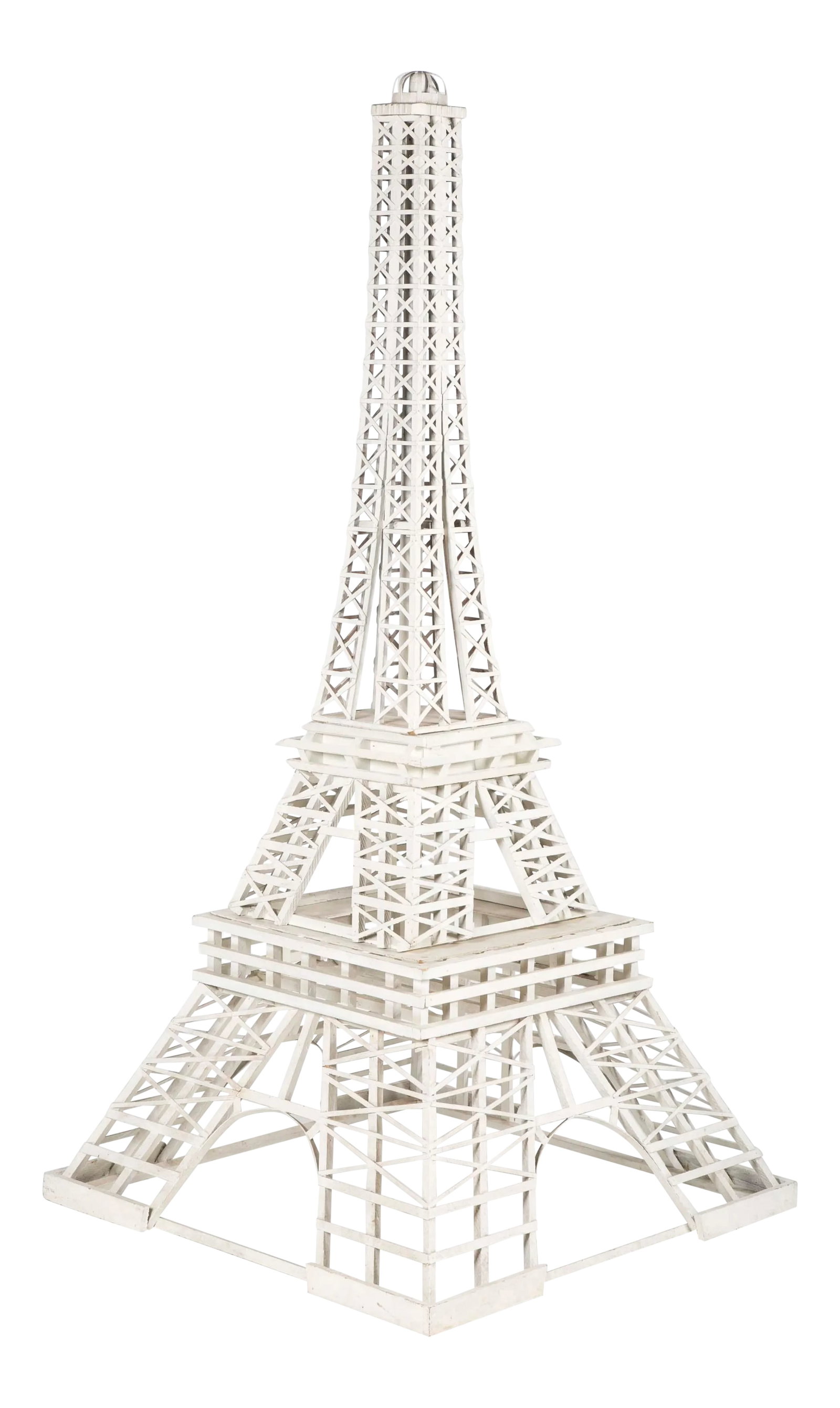 1950s Handmade Eiffel Tower Folk Art: A handmade 123 to 1 scale model of the Eiffel Tower consisting of 783 pieces of wood. Together with the original newspaper article about the maker. By Matthew M Orante. American, circa 1955. Fine