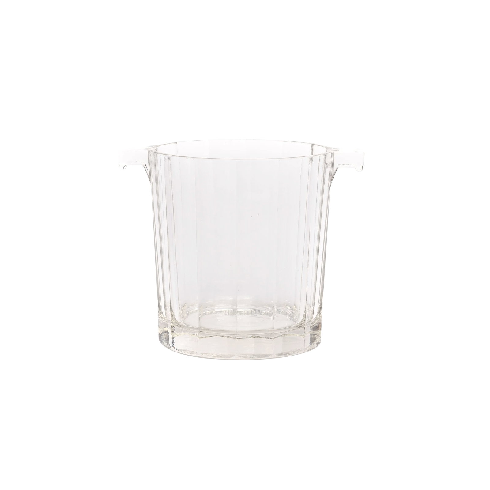 1940s Heavy Glass Ice Bucket: Vintage heavy thick glass small ice bucket with handles. Prosecco not included, but highly recommended. 5.25" high x 4.5" wide inside diameter, 6.5" wide at handles Condition: Alterations: Original Co