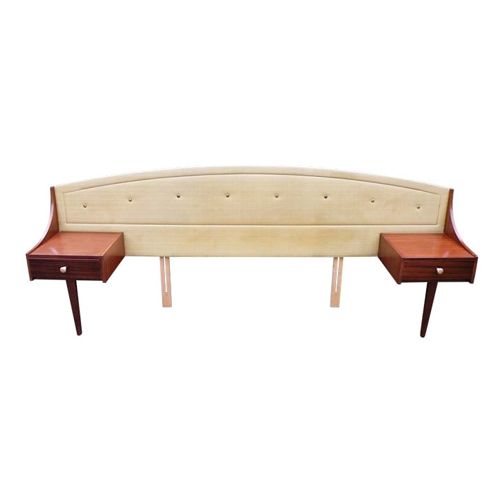 1960s Mid-Century Modern Teak Headboard With Built-in Nightstands - Danish Style King/Queen: Add striking mid-century modern style to your bedroom with this rare teak headboard featuring integrated floating nightstands. This vintage piece showcases clean Scandinavian-inspired lines, a gently