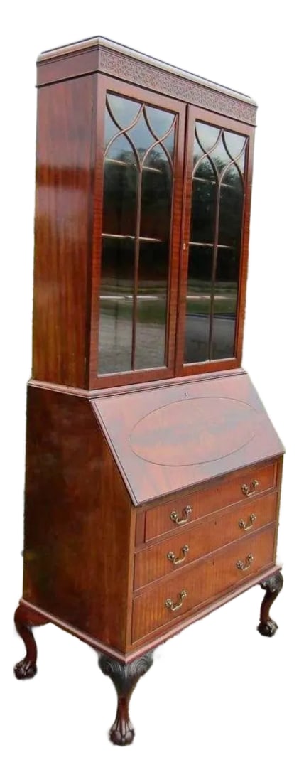 1900's Antique English Secretaire Bureau Bookcase Gothic Astragal Glazed Flame Mahogany Library Cabi: Antique English Secretaire Bureau Bookcase Gothic Astragal Glazed Flame Mahogany Library Cabinet 1900s Well carved ball and claw feet . Gothic church window glass doors. Fitted interior with draws and