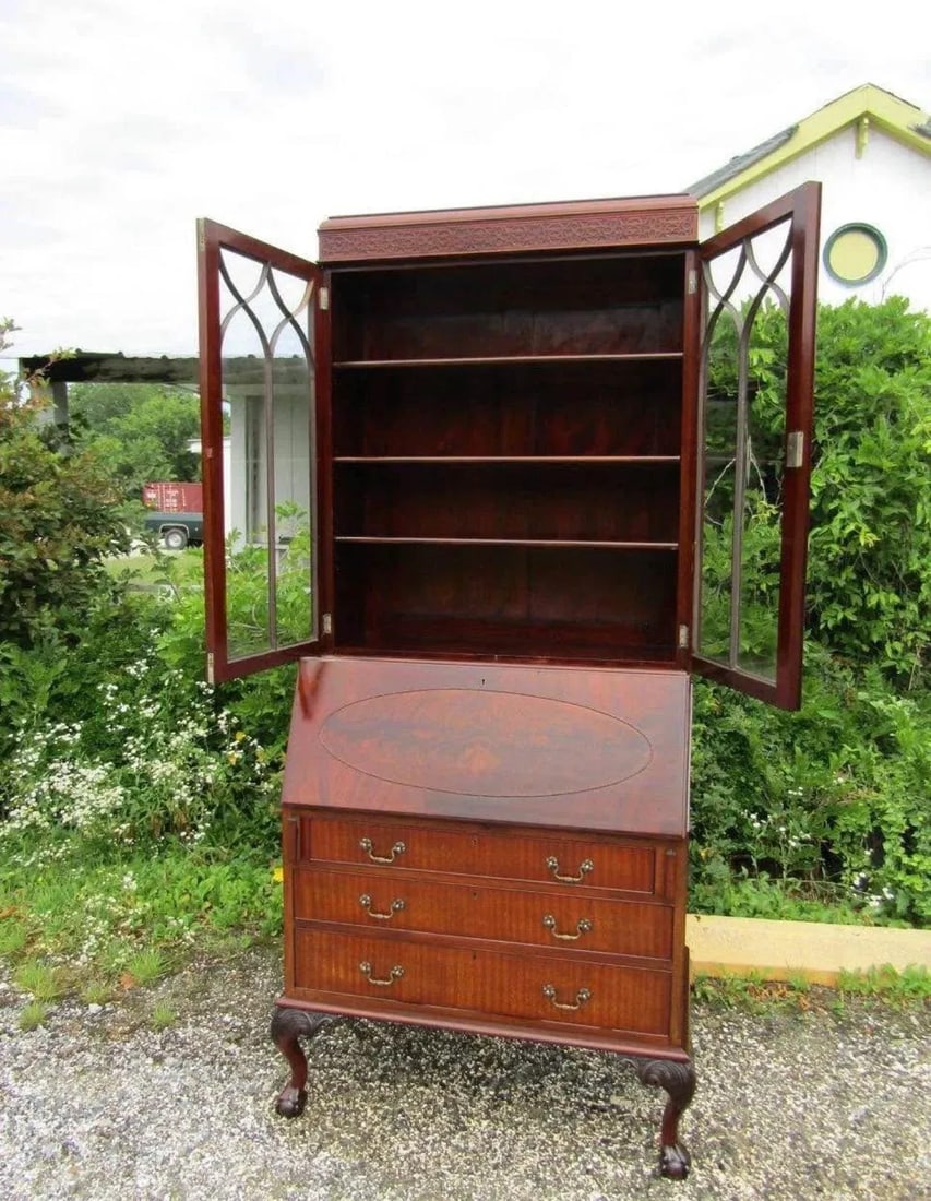 1900's Antique English Secretaire Bureau Bookcase Gothic Astragal Glazed Flame Mahogany Library Cabi - 2