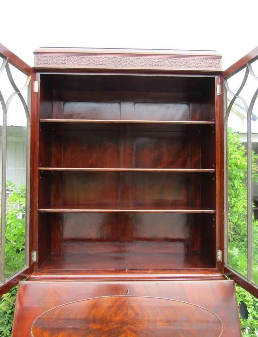 1900's Antique English Secretaire Bureau Bookcase Gothic Astragal Glazed Flame Mahogany Library Cabi - 3
