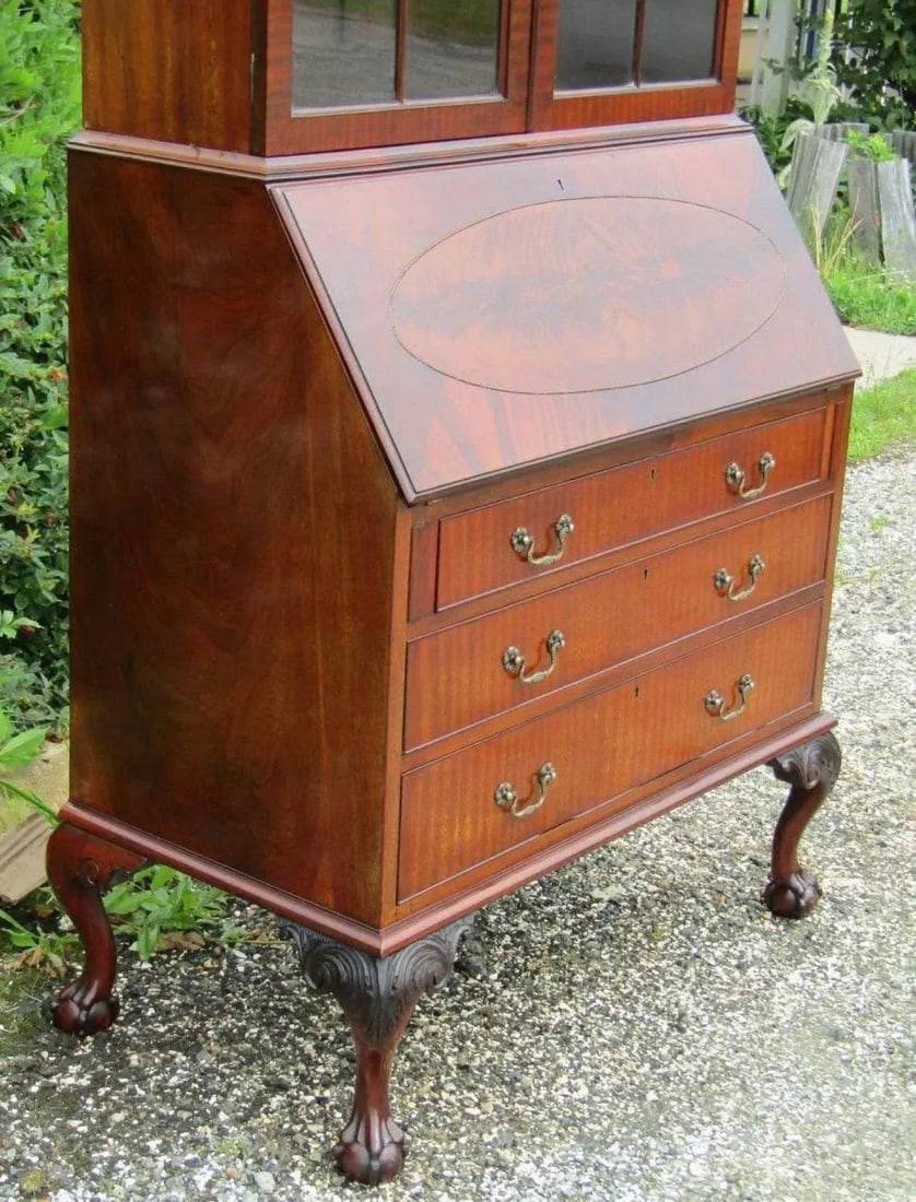 1900's Antique English Secretaire Bureau Bookcase Gothic Astragal Glazed Flame Mahogany Library Cabi - 4