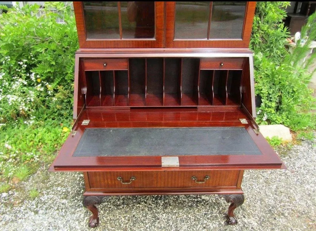 1900's Antique English Secretaire Bureau Bookcase Gothic Astragal Glazed Flame Mahogany Library Cabi - 5