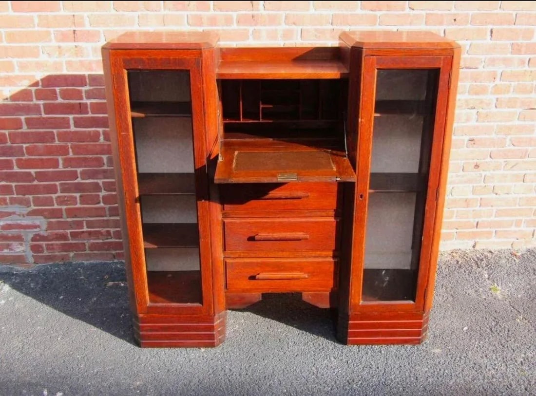 1920s Antique Art Deco Secretary Cabinet With Glass Doors - 2
