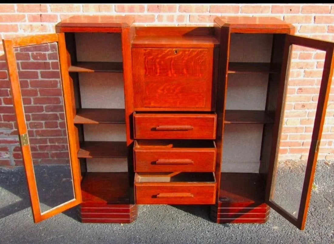 1920s Antique Art Deco Secretary Cabinet With Glass Doors - 4