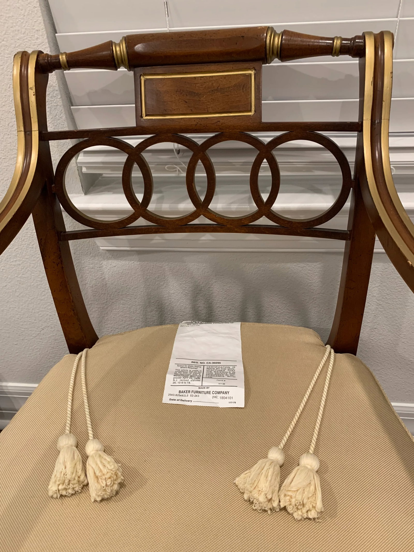 1980s Baker Furniture Hollywood Regency ArmChair Gilt Accents Caned Seat - 11