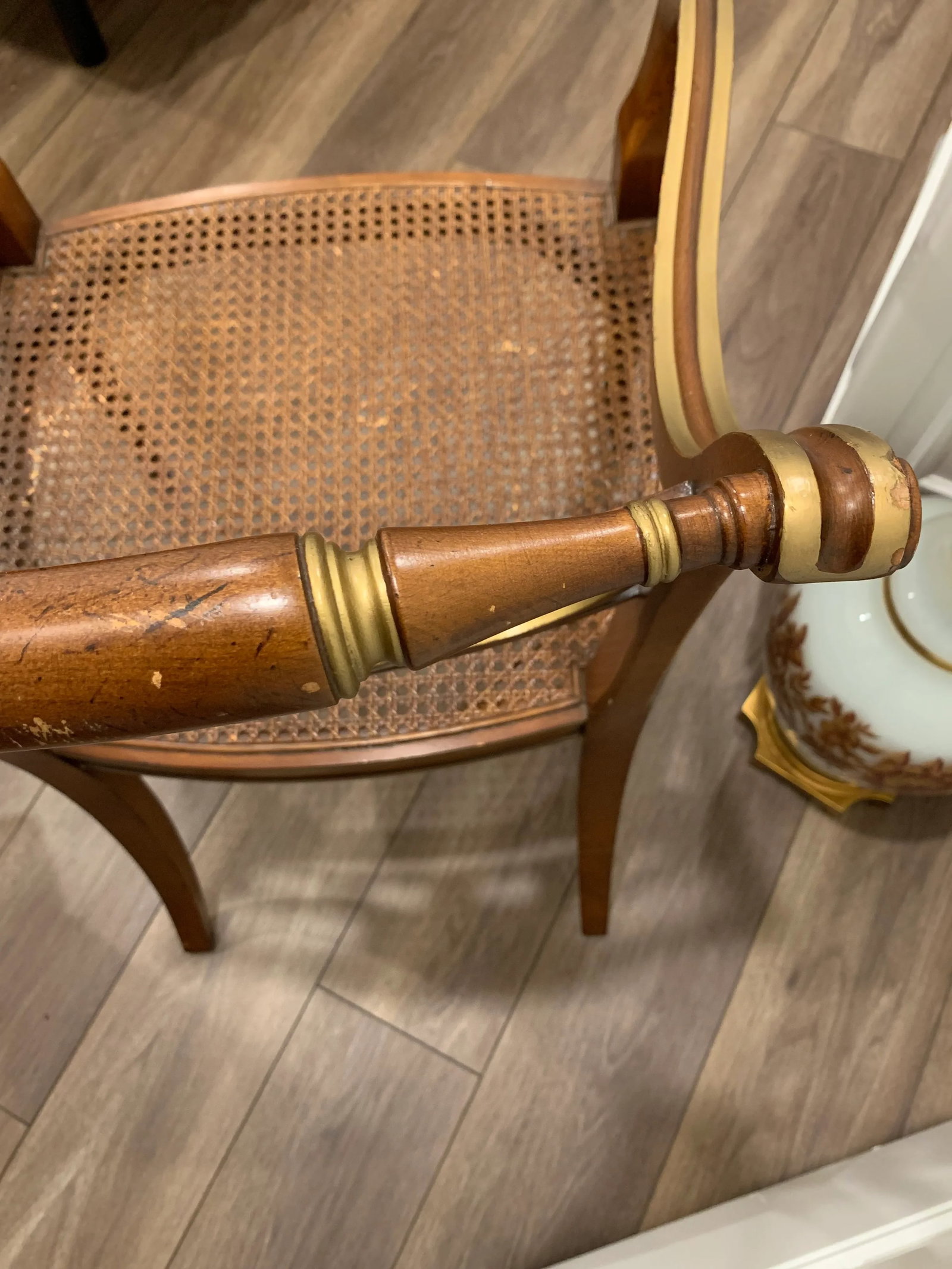 1980s Baker Furniture Hollywood Regency ArmChair Gilt Accents Caned Seat - 12