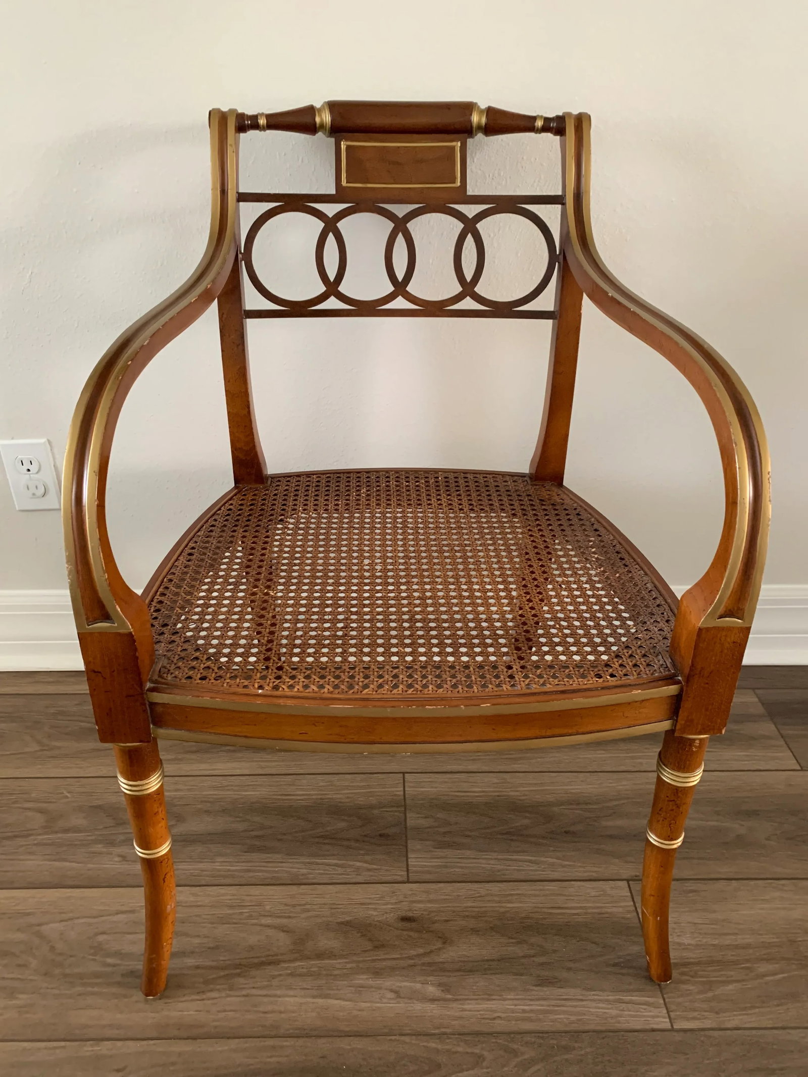 1980s Baker Furniture Hollywood Regency ArmChair Gilt Accents Caned Seat - 4