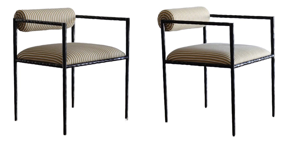 Arteriors Barbana Chairs in Helene Blanche Fabric - Set of 2: A Pair of Arteriors Barbana Pewter Finish Chairs expertly reupholstered in the exquisite printed linen from Helene Blanche's Painted Stripe Fabric line (Mustard Color). The Natural Iron Body has been 