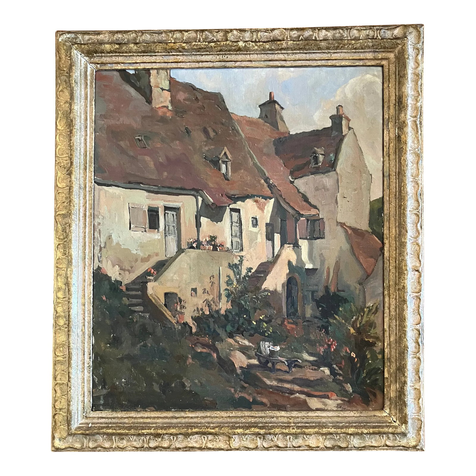 Period French Oil on Canvas, Stone Village Houses, Listed Royal Academy Artist., Framed: Delightful oil painting on canvas of a quaint French village. Painting depicts typical French farmhouse architecture along the side of street, rich deep hues in browns and beige tones create this auth