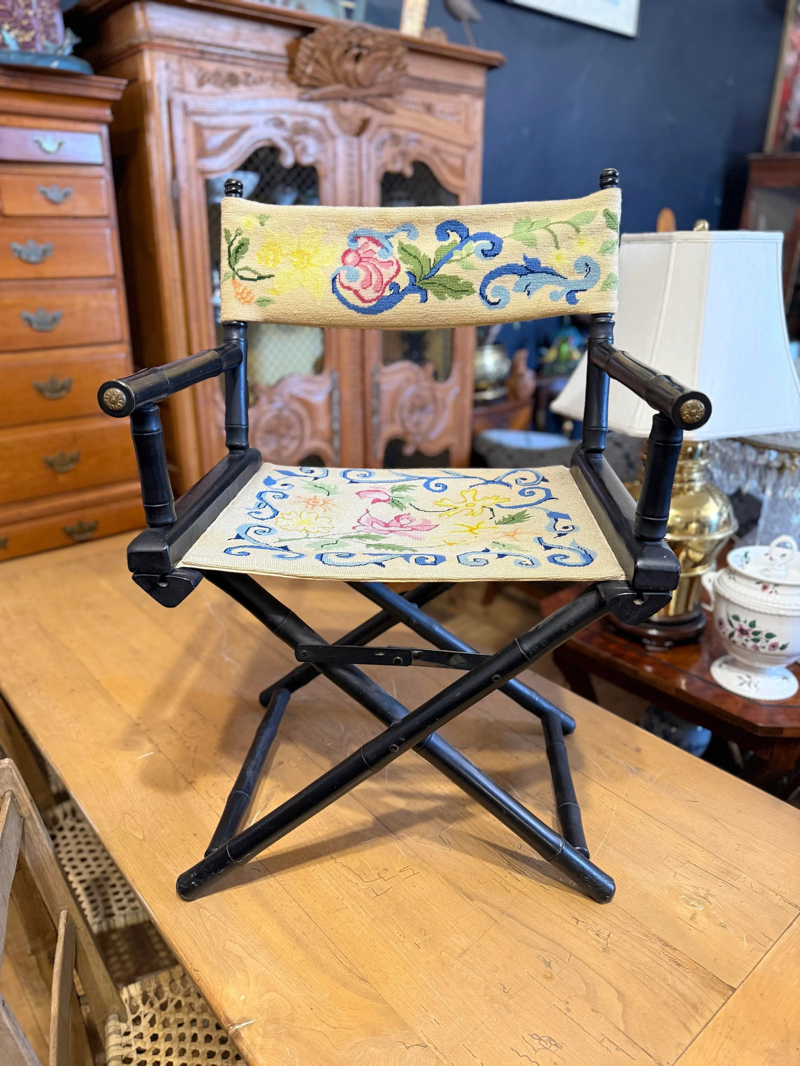 1950s Antique Embroidered Directors Chairs, Near Pair - 10