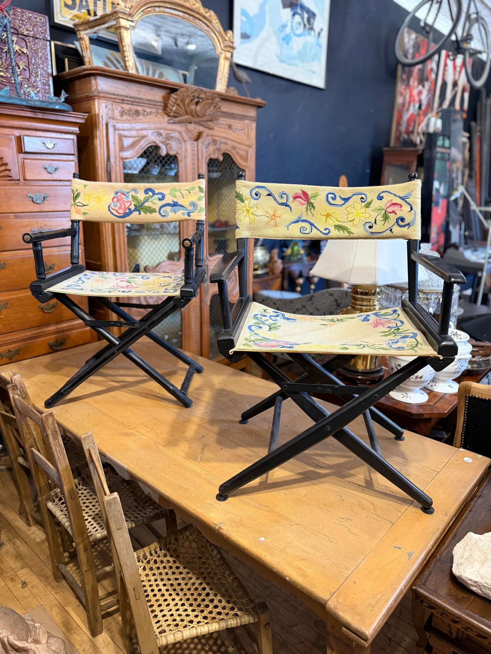 1950s Antique Embroidered Directors Chairs, Near Pair - 2
