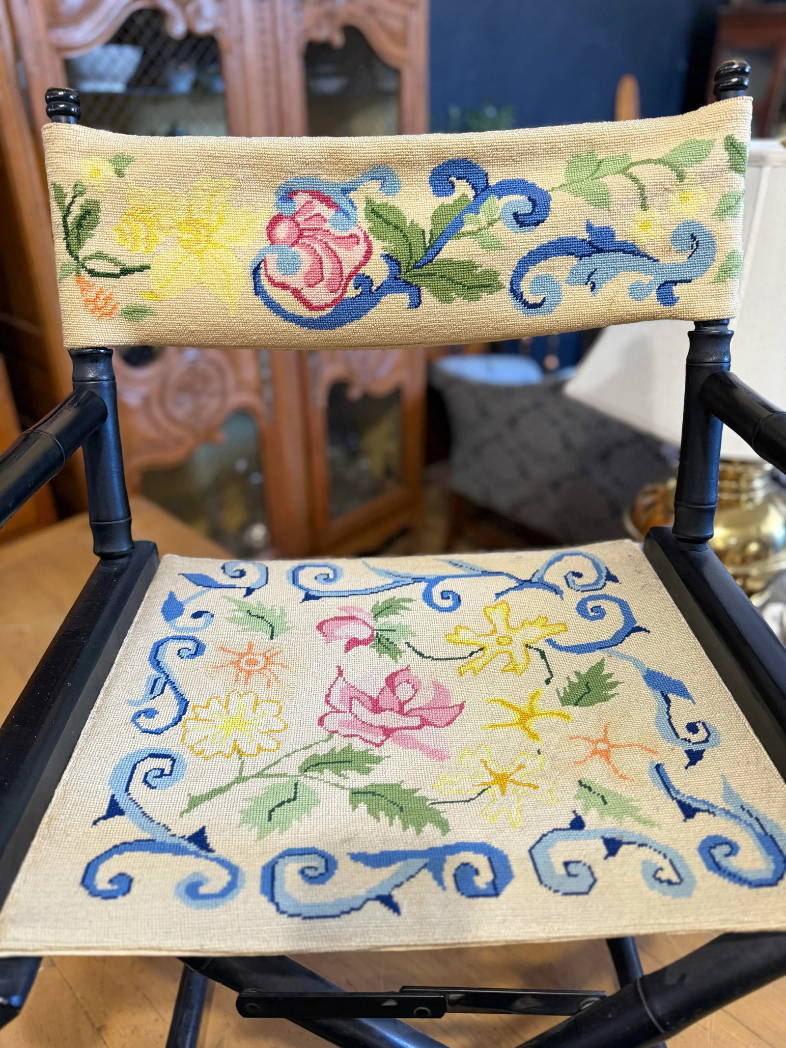 1950s Antique Embroidered Directors Chairs, Near Pair - 4
