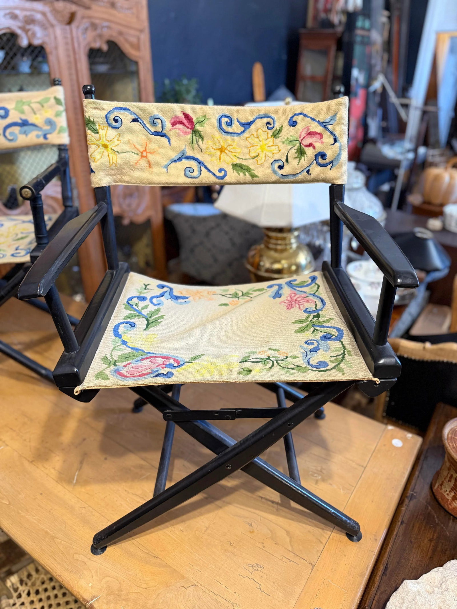 1950s Antique Embroidered Directors Chairs, Near Pair - 5
