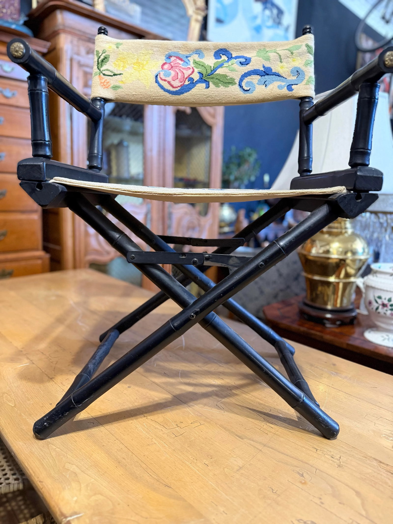 1950s Antique Embroidered Directors Chairs, Near Pair - 8
