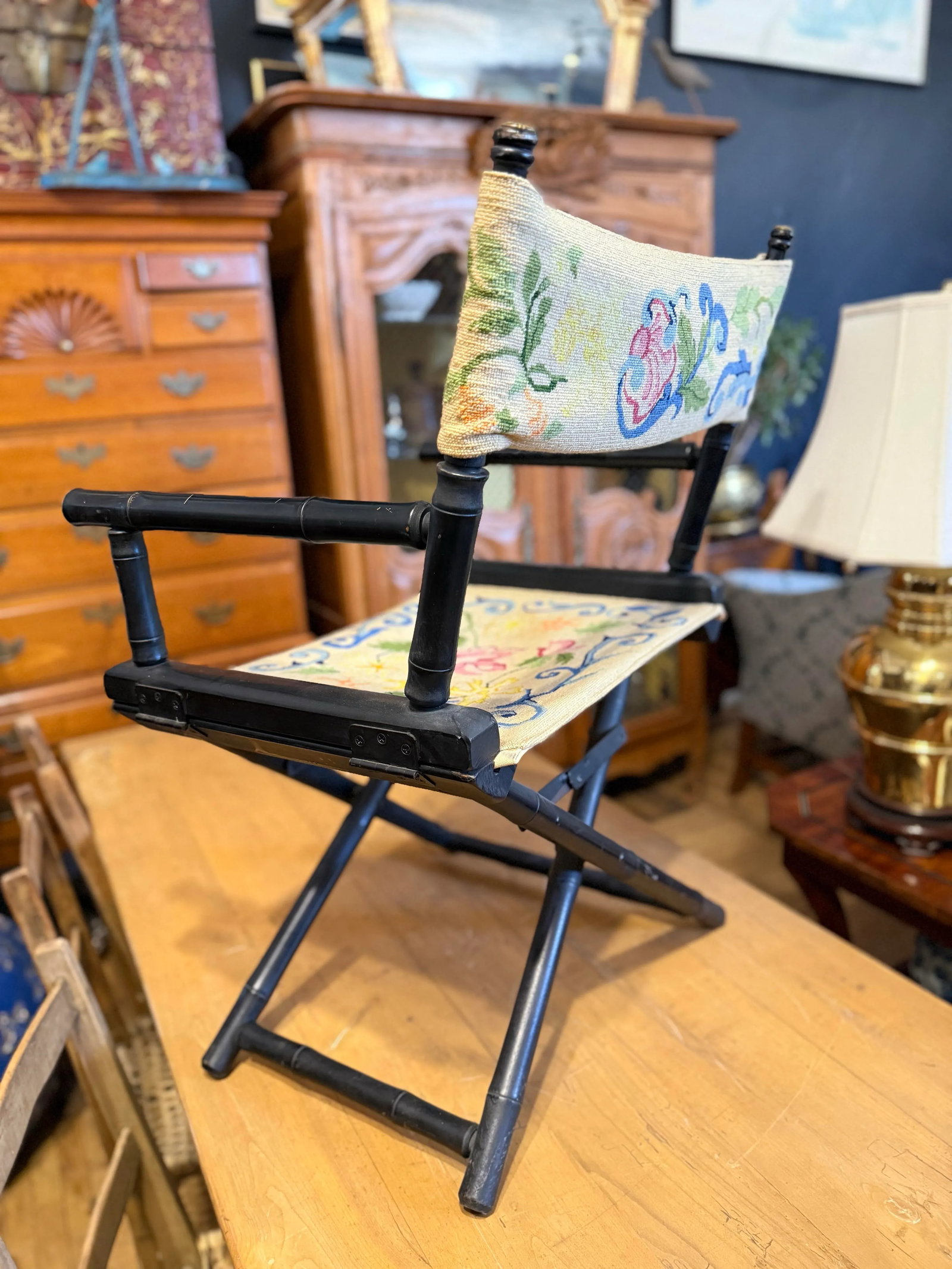 1950s Antique Embroidered Directors Chairs, Near Pair - 9