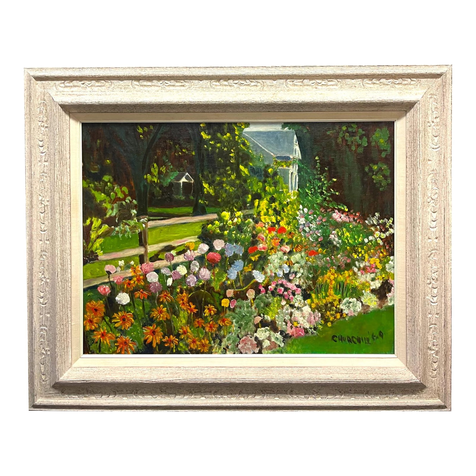 Oil on Canvas Landscape Painting: A vintage oil painting of a vibrant flower garden, signed and dated "CHURCHILL '60", indicating it was created in 1960. The painting depicts a lush, colorful garden scene with a variety of blooming