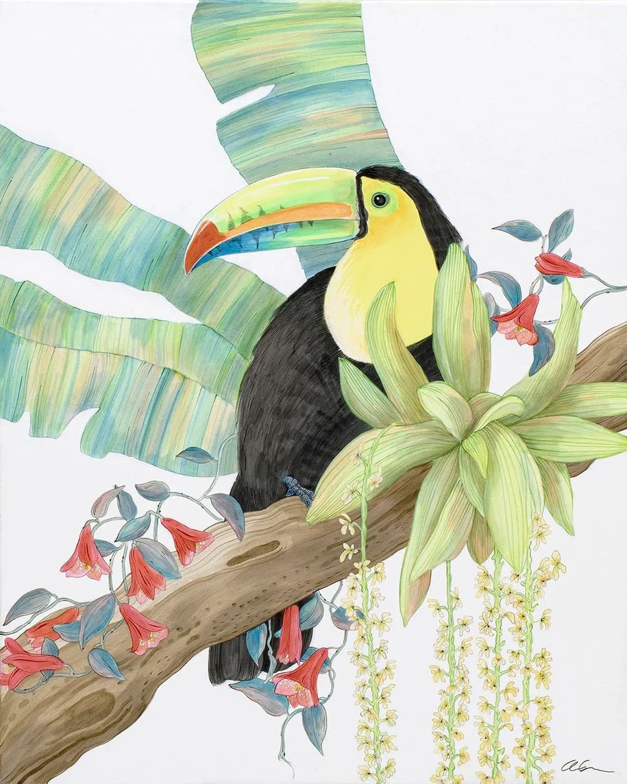 "Toucan Play at That Game" Tropical Bird Painting in the Chinoiserie Style: Who doesn't LOVE a colorful toucan?! This big guy is full of character and details!!! His majestic perch on a large branch is dripping with tiny orchids and a vivid red flowering vine. All bird