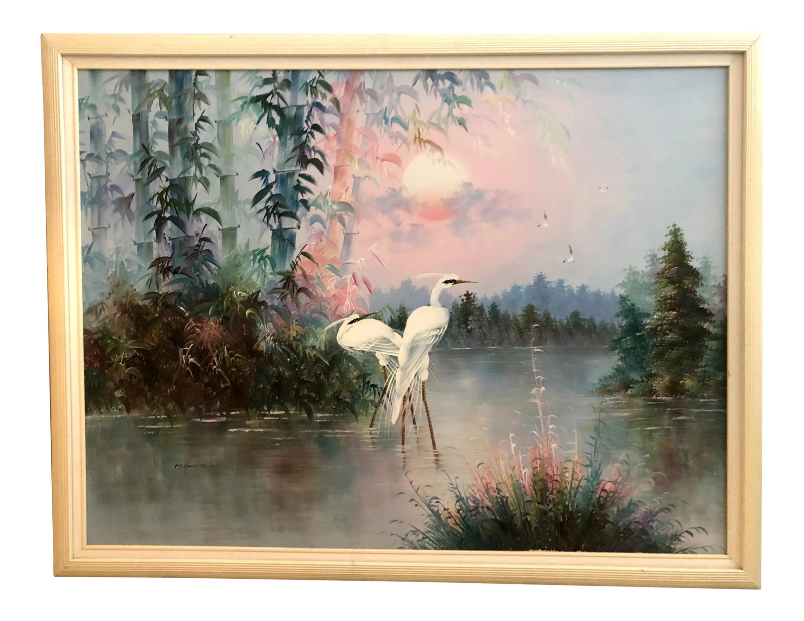 1960s Chinoiserie Framed Oil Painting on Canvas: Framed vintage Chinoiserie oil painting on canvas (48 x 36) with ineligible signature. Very peaceful scene depicting two egrets in a lake. Pastel colors. Semi impressionist technic Condition:
