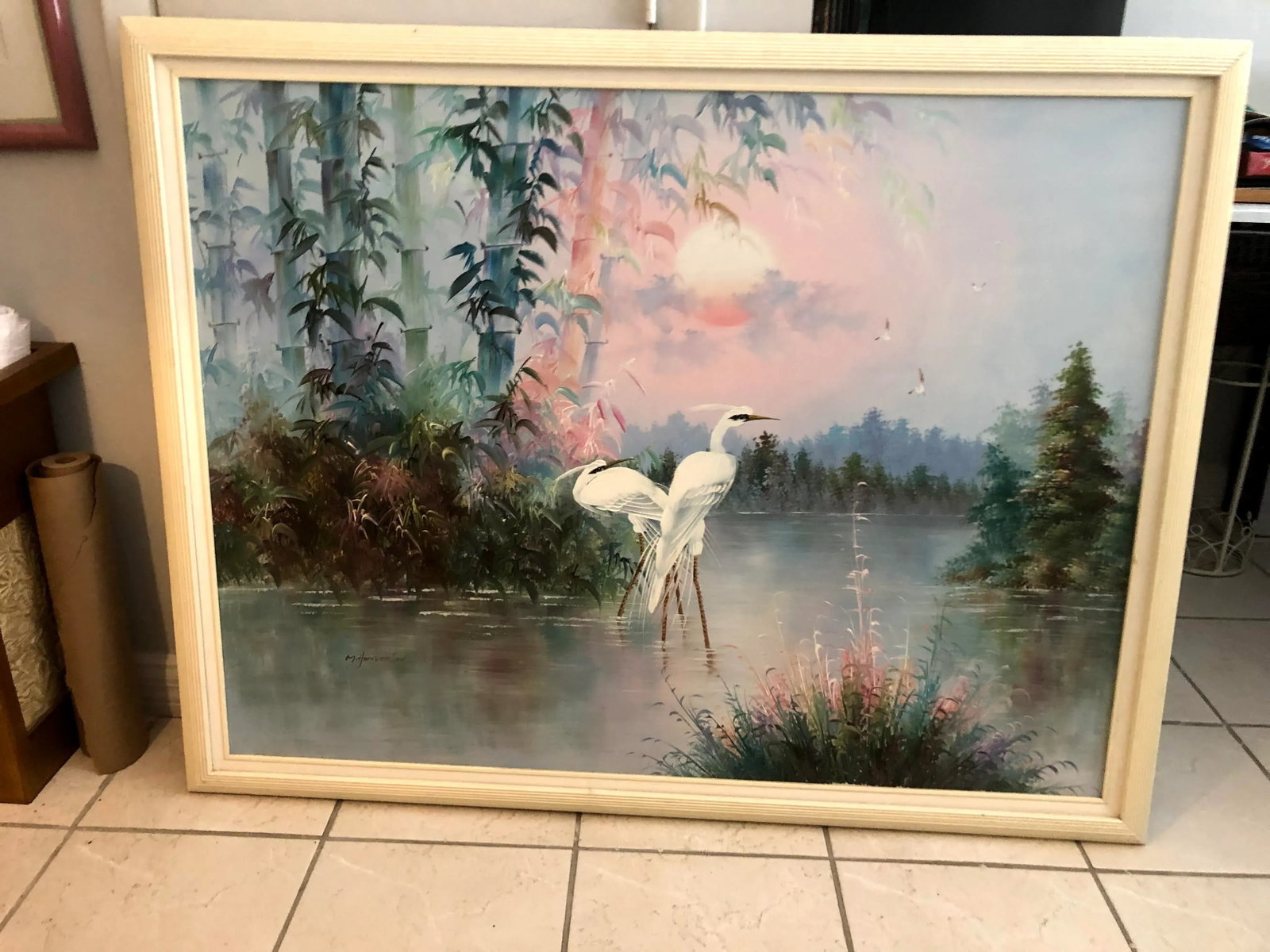 1960s Chinoiserie Framed Oil Painting on Canvas - 4