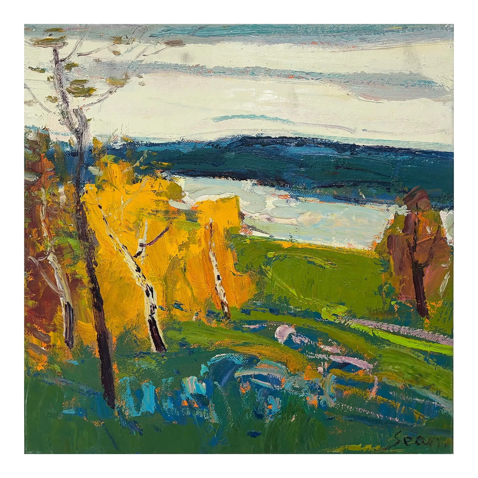 Impressionistic Landscape Original Oil Painting: An expressive and vibrant original oil painting on canvas capturing a sweeping landscape in rich autumn tones. Striking golden trees stand against a backdrop of cool greens, deep blues, and soft sky