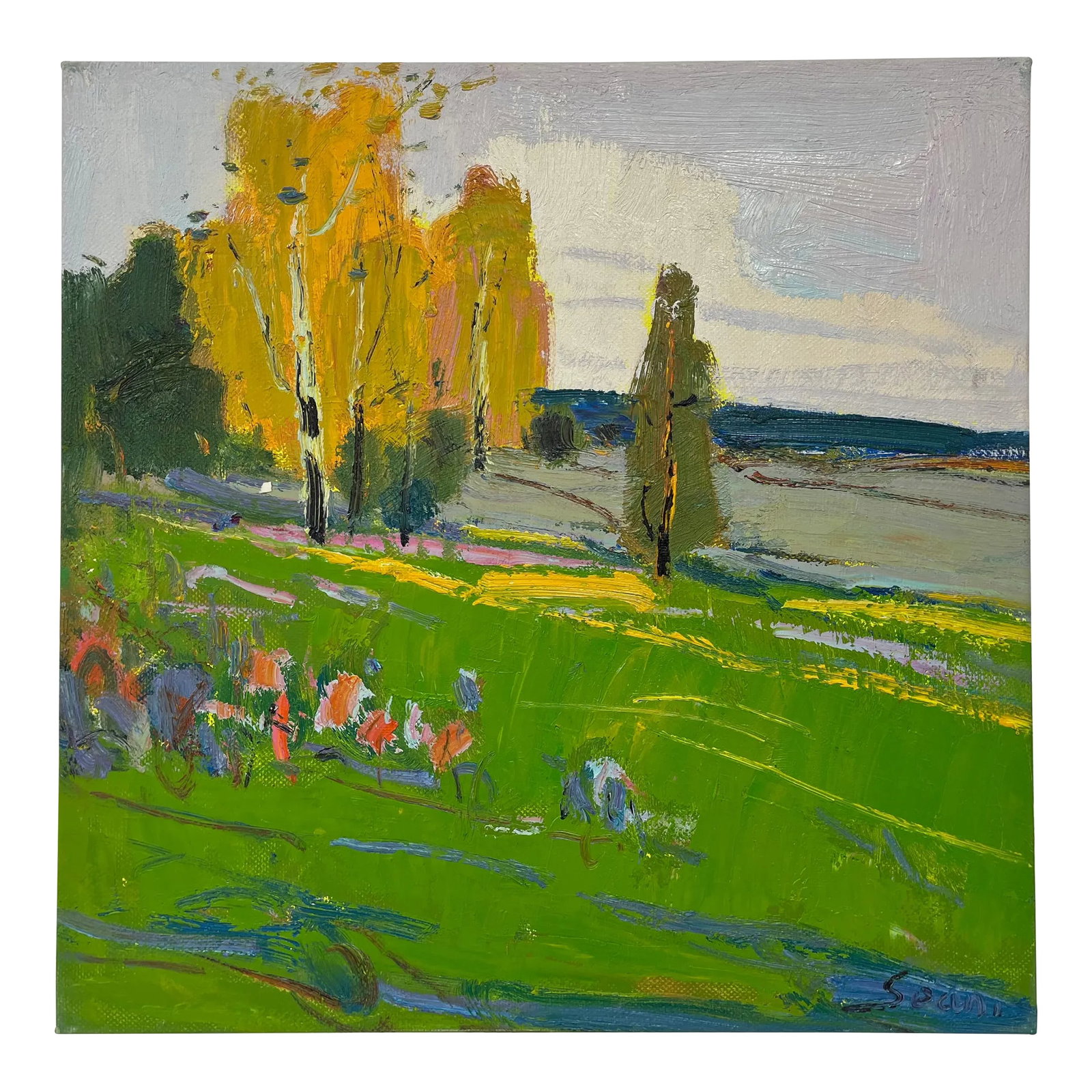 Impressionistic Landscape Original Oil Painting: A radiant and expressive original oil painting on canvas depicting a vibrant spring or summer landscape. Rich yellow trees rise against a soft sky, while the foreground bursts with dynamic green field