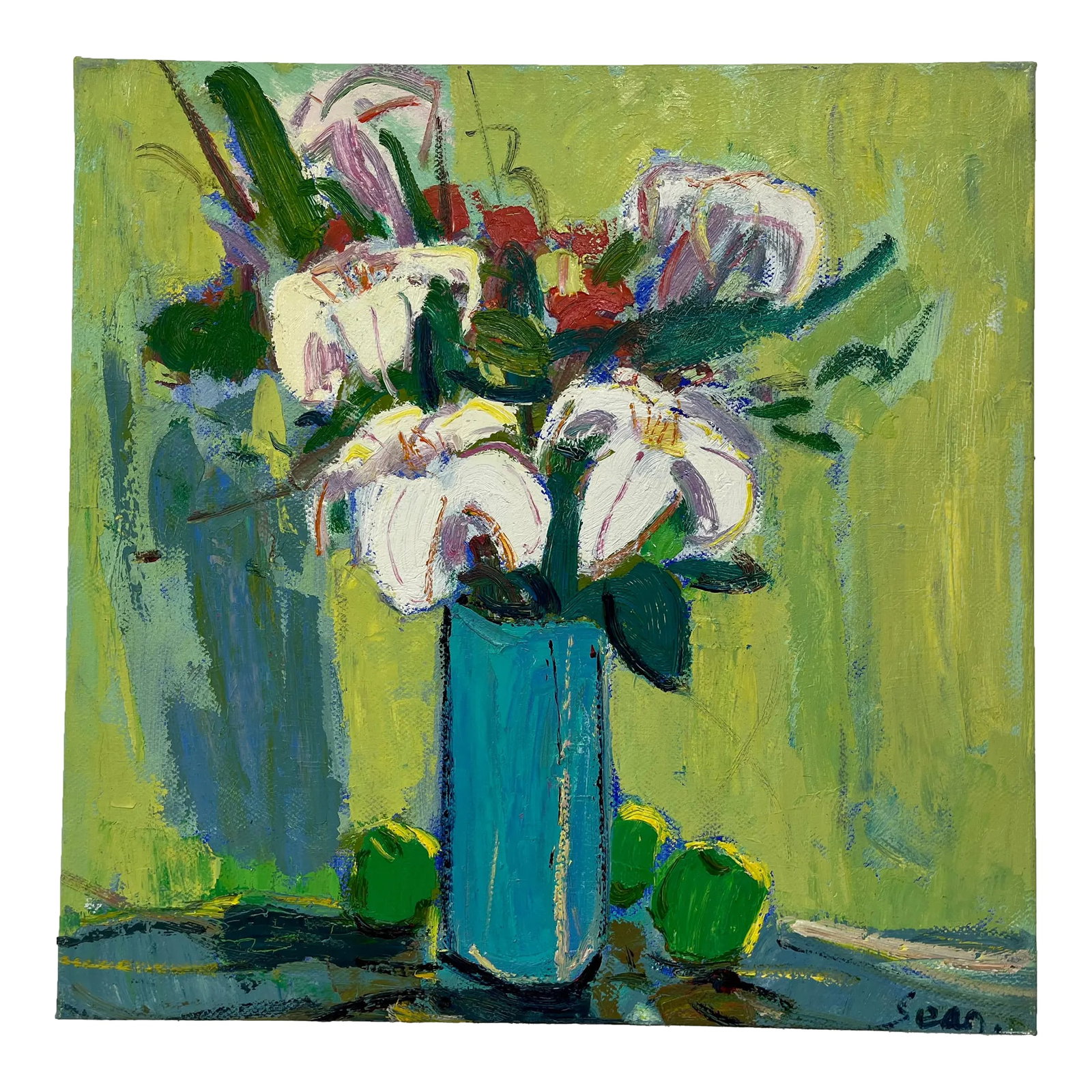 Impressionistic Landscape Original Oil Painting: A bold and vibrant original oil painting on canvas capturing a bouquet of white lilies in a vivid teal vase, set against a lime-green background. The expressive brushwork and rich texture bring life
