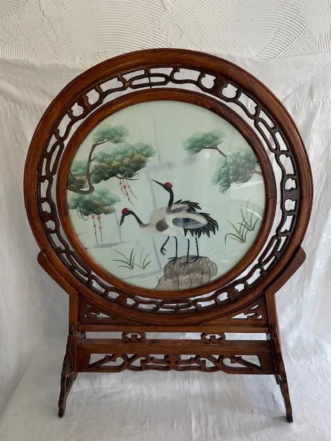 Antique Chinese Double-Sided Embroidered In-Display Rosewood Stand - 11