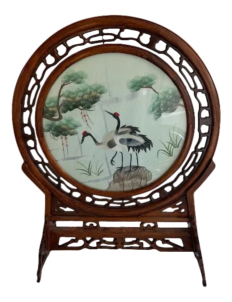 Antique Chinese Double-Sided Embroidered In-Display Rosewood Stand: Magnificent tranquil pine tree with 2 crane bird in this traditional, handmade, hand-stitched Chinese Su double-sided silk embroidery with exactly the same image on both sides. The calm and subtle