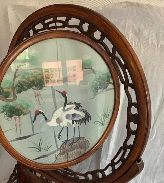 Antique Chinese Double-Sided Embroidered In-Display Rosewood Stand - 3