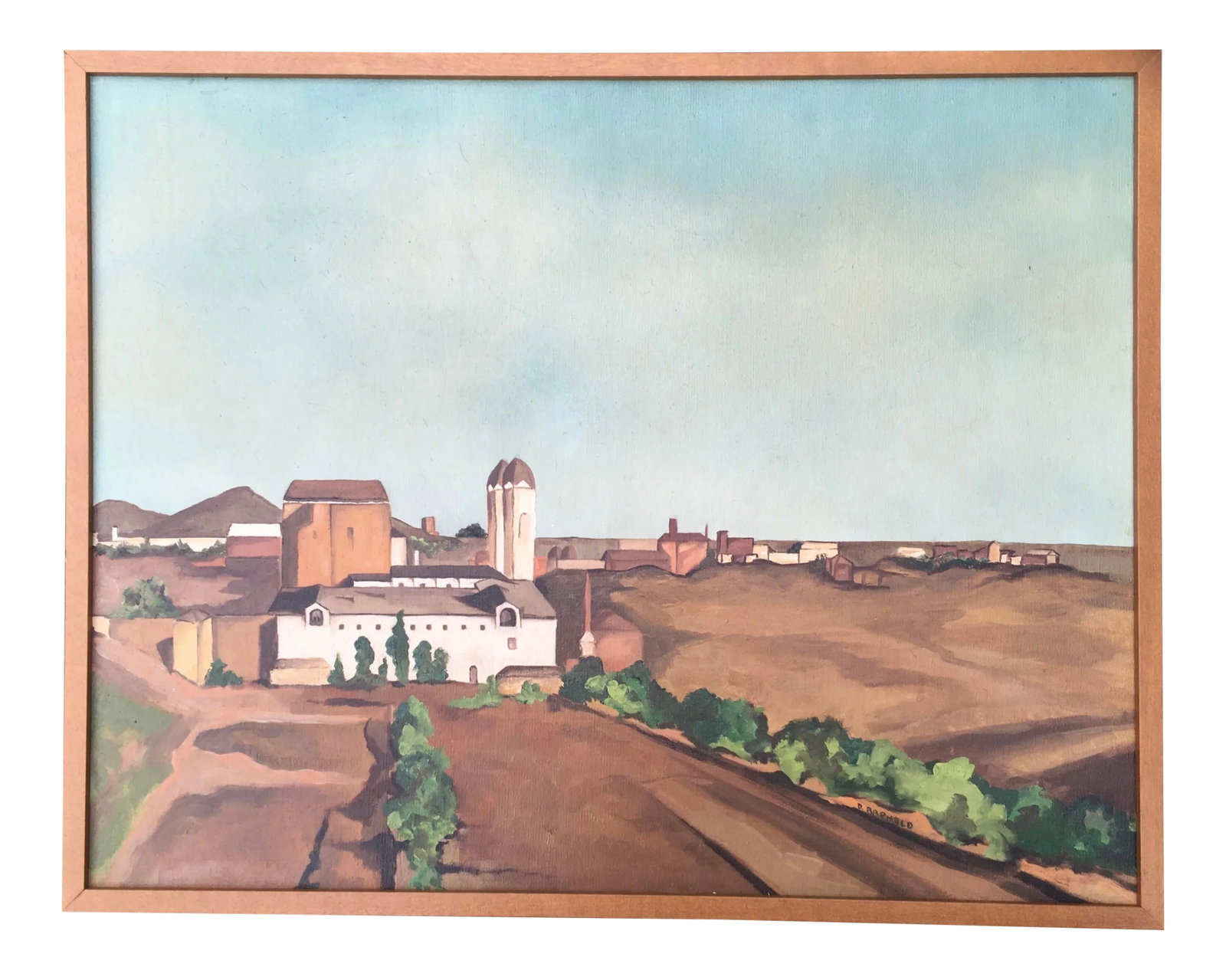 Italian Tuscan Landscape by Listed California American Artist Armando Marchergiani, Framed.: Wonderful landscape oil on canvas, slightly cubist style architecture of a village set deep in the in the Tuscan hillside of Northern Italy. Painted by Raphealo and signed lower right. Excellent condi