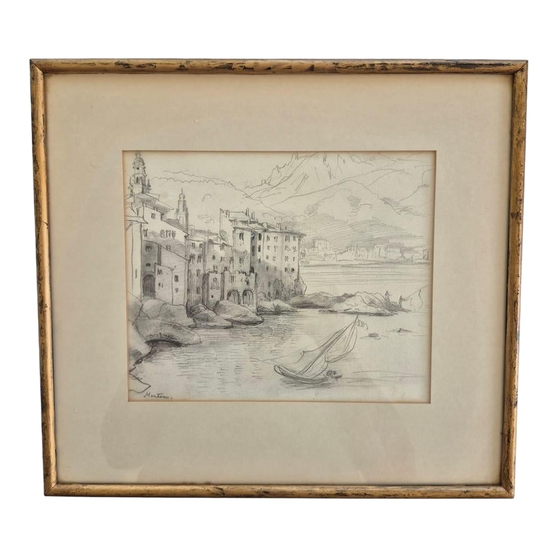 Late 19th Century Antique Pencil Drawing Scketch Landscape of Montone France Attributed to Frederic-: Antique fine art pencil sketch, seaside town of Mentone, France. Attributed to Frederic Houbron 1851-1908. This piece is unsigned, although in appearance is almost identical to some of his signed piec