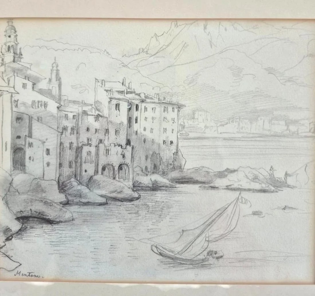 Late 19th Century Antique Pencil Drawing Scketch Landscape of Montone France Attributed to Frederic- - 7