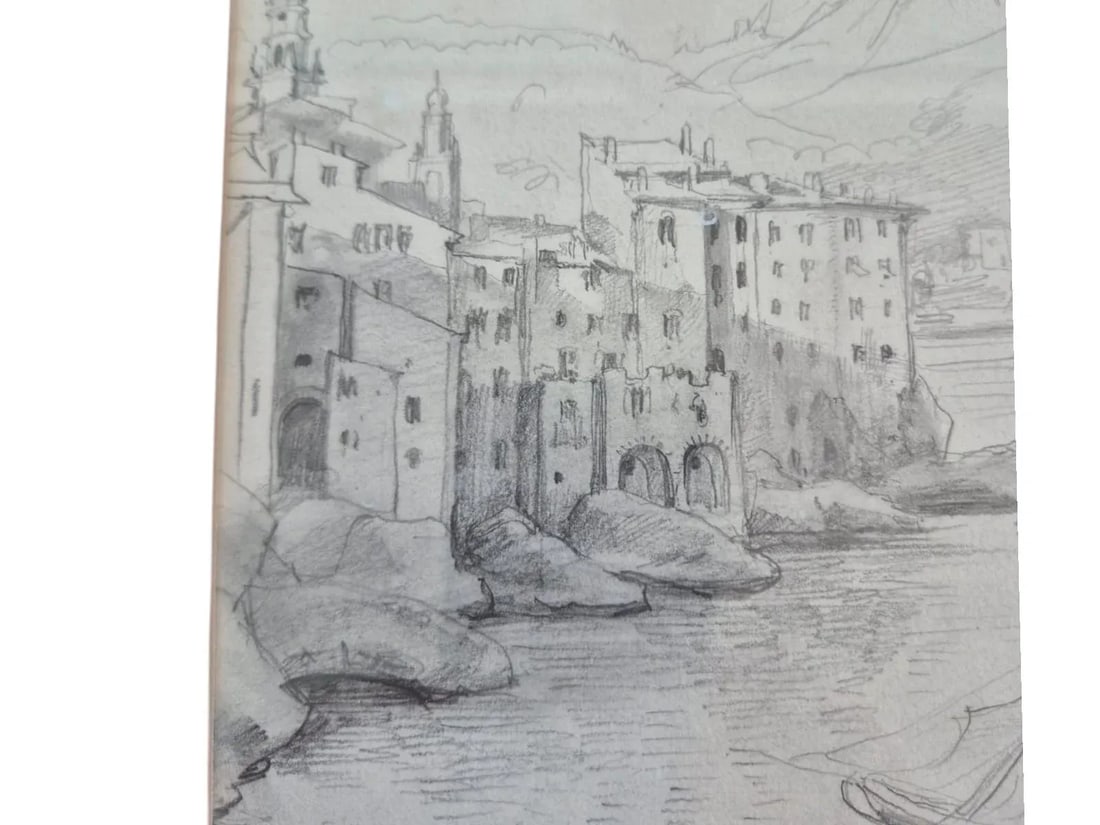 Late 19th Century Antique Pencil Drawing Scketch Landscape of Montone France Attributed to Frederic- - 9