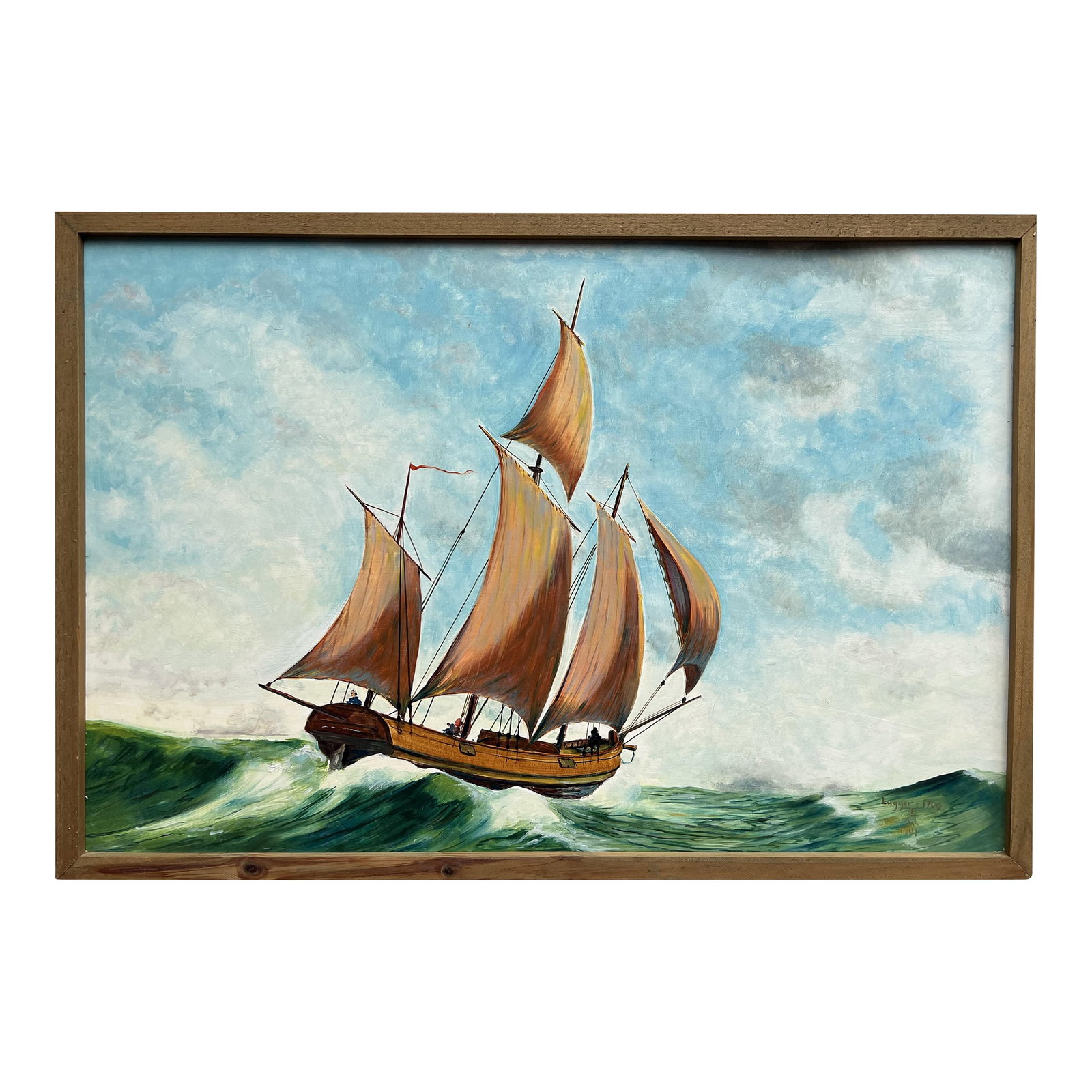 Vintage 1991 Oil Painting on Boards, Seascape, Lugger 1709, Signed, Dated Framed: This is an original signed oil painting on board depicting a Lugger 1709. A lugger is a sailing vessel defined by its rig, using the lugsail on all of its one or several masts. They were widely used a